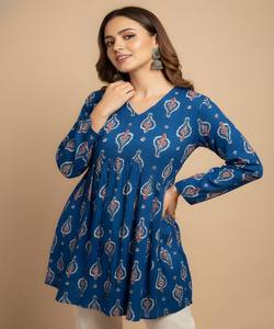 เสื้อคุर्ติผ้าเรยอนคอตตอนพิมพ์ลายวาดมือสุดฮิต สำหรับใส่ทุกวัน สไตล์ชาติพันธุ์ สีฟ้า - Product Image 5