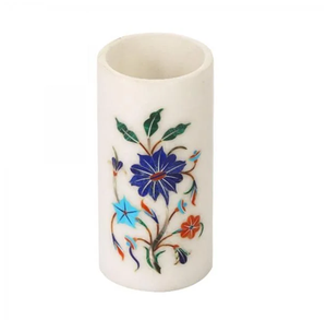 Boîte à crayons et stylos en marbre blanc sculpté à la main indien avec incrustations florales – Artisanat écologique pour rangement de bureau et de table - Product Image 2
