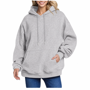 Sweat-shirt à capuche oversize pour femme en molleton gris chiné, à épaules tombantes, avec cordon de serrage et poche kangourou, vente en gros - Product Image 1