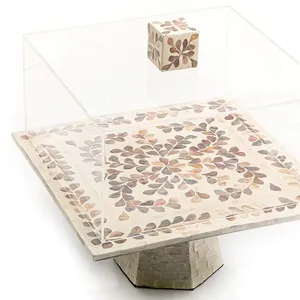 Support à gâteau moderne décoratif en nacre, plateau en coquillages à motifs floraux avec bouclier transparent, idéal pour les tables de desserts - Product Image 2
