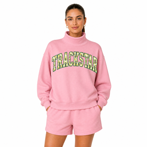 เสื้อสเวตเชิ้ตผู้หญิงสีชมพูแบบโอเวอร์ไซส์ คอตั้ง ผ้าฟลีซ โพลีเอสเตอร์/คอตตอน แต่งแอพพลิเคชั่น แขนยาว สไตล์ลำลอง สตรีทแวร์ รับผลิตแบบ OEM ODM - Product Image 6