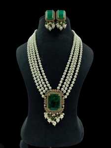 Emerald & Pearl Indian Gold Plated Brass Jewelry Set Victorian Wedding Necklace Earrings Design Party Handmade - Product Image 4