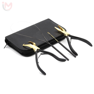 Professional Gold Black Hair Extension Tools Set Dual Pliers Pulling Hook Loop <b>Needle</b> Wire Threader Leather <b>Case</b> Kit 5Pcs OEM - Product Image 1