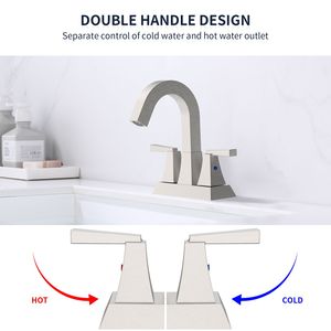 Rubinetto per lavabo bagno a 2 maniglie, interasse 4 pollici, finitura nichel spazzolato, miscelatore con foro di scarico e troppopieno, con 2 ingressi per l'acqua - Product Image 3