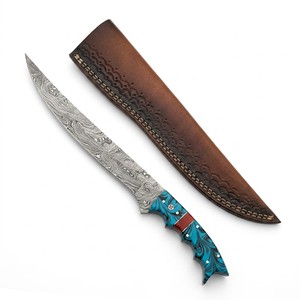 Couteau de cuisine professionnel à lame fixe en acier Damas, manche en résine bleue, pour la vente en gros, les OEM, les détaillants et les revendeurs - Product Image 2