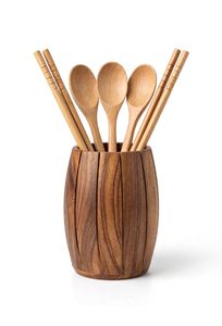 Porte-ustensiles en bois artisanal traditionnel en forme de baril pour comptoir de cuisine – Rangement pour cuillères et spatules – En stock - Product Image 4