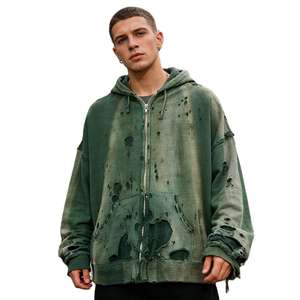 Sudadera con capucha para hombre, personalizada, verde, oversize, de algodón de punto de alto gramaje, con lavado ácido, efecto desgastado por el sol, con rasgaduras, con cremallera, anti-bolitas - Product Image 2