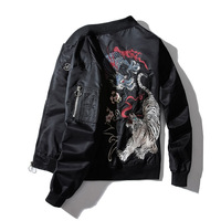 Blouson bomber noir brodé de fleurs pour homme, col montant, fermeture éclair, streetwear, coupe-vent, manteau d'automne
