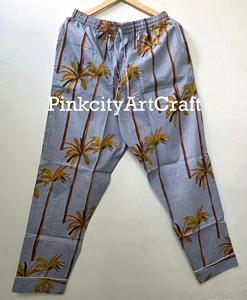 Ensemble de pyjama de luxe élégant et artisanal en coton bleu pour femme, imprimé palmiers tropicaux, col à revers, taille élastique - Product Image 3