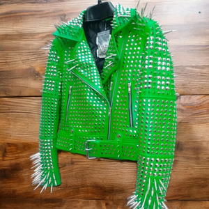 แจ็คเก็ตหนังแท้สีเขียวติดหมุดสำหรับนักขี่จักรยานแจ็คเก็ตสไตล์พังก์สำหรับผู้หญิง - Product Image 3