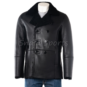 Men's Premium Real Black Sheepskin <b>Shearling</b> Leather <b>Bomber</b> <b>Jacket</b> Winter Windproof Breathable High Quality Leather <b>Jackets</b> - Product Image 2