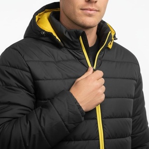 Men's Black Hooded Puffer <b>Jacket</b> With Yellow Zipper Windproof Casual Winter Coat Regular Fit Solid Color Polyester Wadding 2026 - Product Image 1