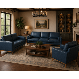 Blue Leather <b>Sofa</b> Set 3 Seater 2 Seater 1 Seater Modern Living Room Furniture Mid Century Style Couch Set Leather <b>Sofa</b> Set - Product Image 1
