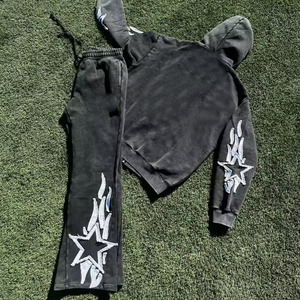 <b>Men</b>’s Distressed Embroidery Tracksuit <b>Zip</b> Up <b>Hoodie</b> Cargo Pants Heavyweight Cotton Vintage Streetwear Fashion Two Piece Set - Product Image 6