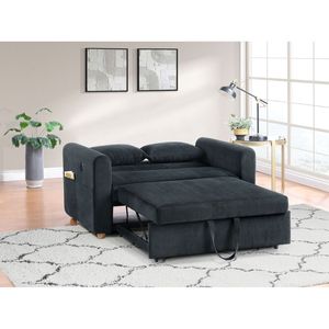 Divano letto trasformabile Marielle 55"W in velluto a coste nero con porte USB, tasche porta riviste e cuscini - Product Image 4