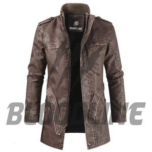 BLOODLINE Men's PU Leather <b>Jacket</b> Stand Collar Zipper Closure <b>Slim</b> <b>Fit</b> Long Length Casual Autumn Wear - Product Image 5