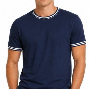 Custom OEM Men Short Sleeve T-Shirt <b>White</b> Double Tipped Cuffs Navy Blue Crewneck Casual Streetwear <b>Tee</b> - Product Image 2