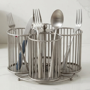Porta Cubiertos Giratorio de Metal Plateado, Organizador Cilíndrico de Utensilios para Mesa de Cocina - Product Image 1