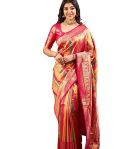 Comprar nuevo impresionante gris claro con color melocotón puro Semi Saree con brocado sin costuras blusa étnica desgaste - Product Image 1