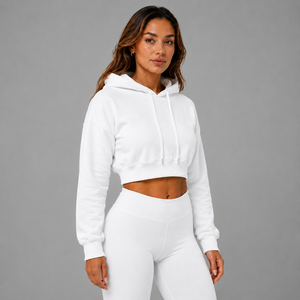 <b>Women</b> Cotton Casual Crop <b>Hoodie</b> <b>White</b> Solid Color Full Sleeve Hooded Sweatshirt Fleece Breathable Loose Fit Autumn Wear - Product Image 5