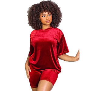 Ensemble deux pièces décontracté en velours pour femme, col rond, manches courtes, taille haute, pour l'été - Product Image 1