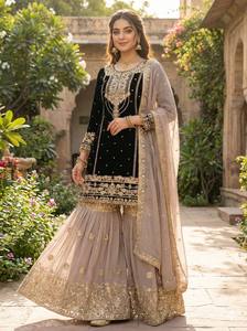Conjunto de Fiesta Moderno TOP PLAZZO DUPATTA de Georgette Pesado con Bordado de Lentejuelas y Trabajo Dori, de Secado Rápido, Largo hasta la Rodilla - Product Image 3