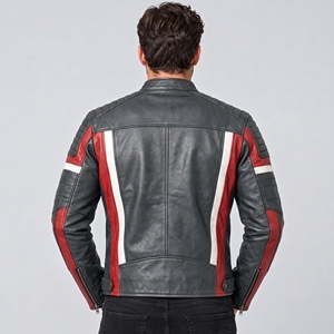 Blouson de moto en cuir à manches longues, coupe-vent, style course, color-block, toutes saisons, avec logo personnalisé sur le devant - Product Image 3