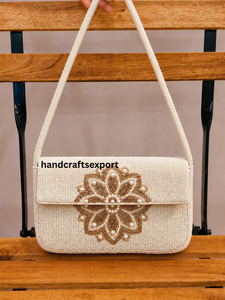 Custom Womens Handmade Ivory <b>Gold</b> Floral Beaded Single Strap Shoulder <b>Bag</b> Elegant Magnetic Flap Bridal Party <b>Evening</b> Purse - Product Image 1