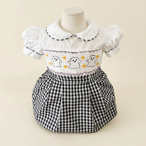 Combinaison d'Halloween pour filles avec broderie fantôme, col Peter Pan, manches bouffantes, robe mini en coton à carreaux, tenue d'été - Product Image 3
