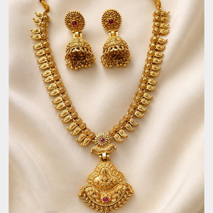 Traditional Goddess Pendant <b>Necklace</b> <b>Set</b> with Jhumka Earrings | Gold Tone <b>Indian</b> Temple Jewelry for Bridal & Wedding Wear - Product Image 3