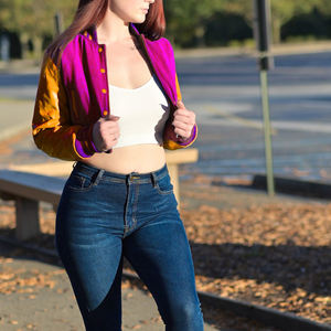 Veste courte universitaire pour femme, style bomber Letterman, rose, magenta, orange, manches en similicuir, vêtement d'extérieur décontracté, mode féminine - Product Image 3