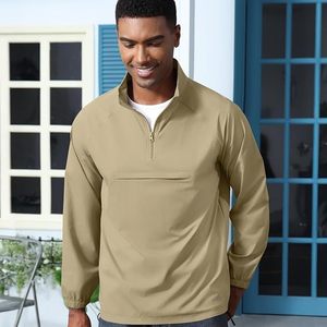 Men's Khaki Quarter <b>Zip</b> Long Sleeve Casual <b>Shirt</b> Stand Collar Solid Color Autumn Wear Quick Dry Polyester - Product Image 3