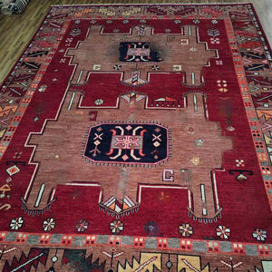 พรมขนสัตว์ถักมือสีแดงสวยงาม ขนาด 9x12 ฟุต: สไตล์วินเทจลายชนเผ่าเรขาคณิตแบบอูชัก |   พรมขนแกะนิวซีแลนด์แบบตัดขน - Product Image 1