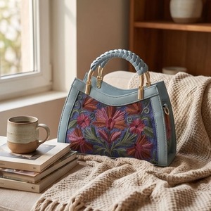 Bolso de Mano con Bordado Crewel de Cachemira, Color Verde Salvia con Flores de Margarita Multicolores, Compre Directamente al Diseñador - Product Image 1