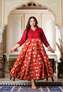 Ensemble femme en rayonne imprimé floral, grande taille, style Anarkali, col chemise, manches 3/4, bordeaux, ethnique, décontracté, tenue de fête, coupe évasée - Product Image 6