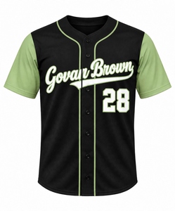 Maillot de baseball personnalisé en gros, corps noir, manches vert clair, numéro 28, logo personnalisé, uniforme d'équipe, boutonné, maille respirante - Product Image 1