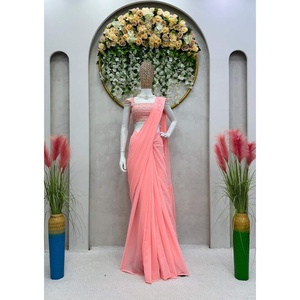 Georgette ที่น่าสนใจพร้อมที่จะสวมใส่ Saree กับเสื้อเย็บลำดับพีช - Product Image 1