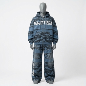 Men Blue Gray <b>Camouflage</b> Zip Up Hoodie Cargo <b>Tracksuit</b> Set Oversized Loose Fit Streetwear Panel Design Custom OEM ODM - Product Image 3