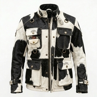 Veste en cuir de vachette pleine fleur sur mesure pour homme, style militaire, patchwork géométrique vieilli, multi-poches, vente en gros
