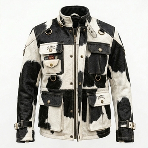 Chaqueta de cuero con pelo de vaca personalizada al por mayor para hombre, estilo desgastado, con retazos geométricos y múltiples bolsillos, para exteriores. - Product Image 1