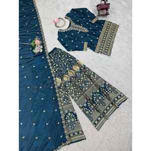 Diseñador Chinon hilo de seda secuencia de trabajo Top Palazzo Dupatta desgaste de fiesta Ropa Étnica-ropa India paquistaní al por mayor - Product Image 3