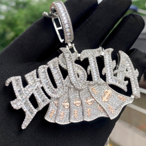 Pendentif Hustla Money entièrement serti de pierres - Pendentif en argent 925 avec moissanite, pièce maîtresse Hip Hop, pendentif en argent avec moissanite personnalisé - Product Image 3