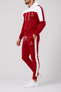 Red White Unisex Winter Casual Printed <b>Tracksuit</b> Hooded Sweatshirt Jogger Pants Side Stripes Custom Logo Sportswear Set - Product Image 5