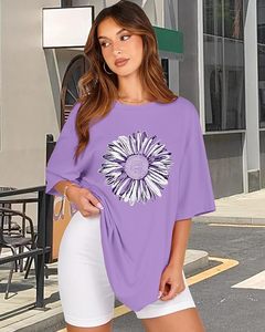 T-shirt décontracté en jersey de coton à manches courtes et col rond pour femme, imprimé floral violet, coupe ample, printemps-été - Product Image 6