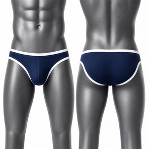Wholesale <b>Mens</b> Navy Blue Brief Underwear White Trim Elastic Waistband Soft Stretch Low-Rise <b>Bikini</b> Briefs - Product Image 1