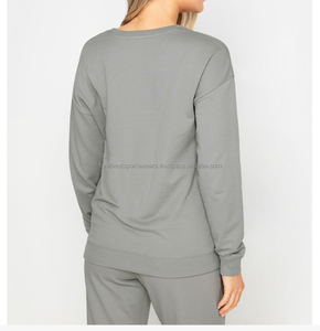 Ensemble de survêtement gris pour femme, col rond, coupe classique, en coton tricoté, couleur unie, décontracté, automne, pantalon de jogging, manches longues, respirant, léger - Product Image 2