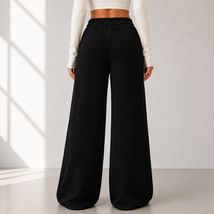 Women High Waist Wide Leg <b>Pants</b> Knitted Elastic Waist Solid Black Full Length Loose Fit Casual <b>Pants</b> With Pockets - Product Image 2