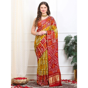 Sari de Seda Gajji Pura de Primera Calidad con Diseño Tradicional Bandhani - Product Image 1