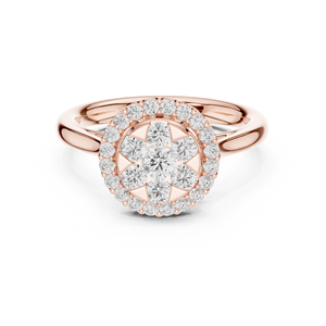 Anillo de compromiso de plata de ley con acabado en oro rosa de 14 quilates y halo exterior con racimo de diamantes de moissanita de corte redondo para ella - Product Image 1