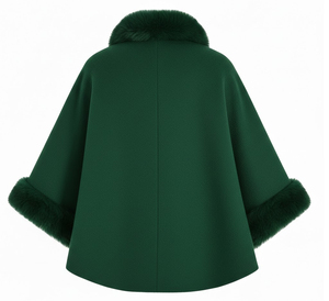 Manteau Cape en Laine Verte pour Femme avec Col et Poignets en Fausse Fourrure, Poncho Ceinturé, Élégant, Chaud et Tendance pour l'Hiver, Vêtement d'Extérieur de Luxe, Vente en Gros OEM Personnalisée - Product Image 2